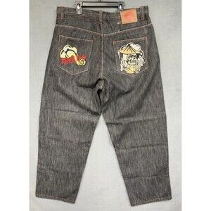 Hardy Men's Embroidered Skeleton Graphic Jeans Dark Wash 38x32 Y2K Streetwear